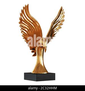 Golden eagle figurine with spread wings on a black stand on a white background. Mocap. 3d rendering Stock Photo