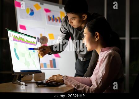 Teamwork analysis and working Late at night. Stock Photo