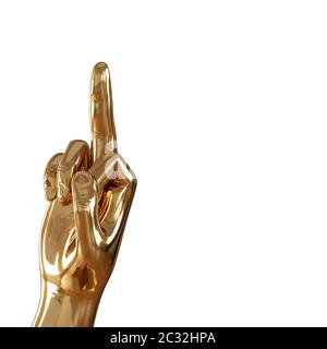 A golden hand with a raised up middle finger on a white background. Copyspace. 3d rendering Stock Photo