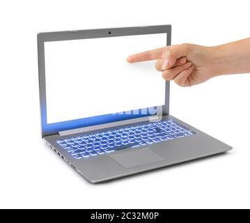Notebook computer and pointing hand Stock Photo