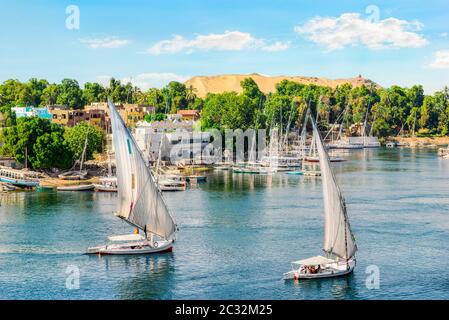 Sailing trip on river Nile in Aswan at sunny day Stock Photo