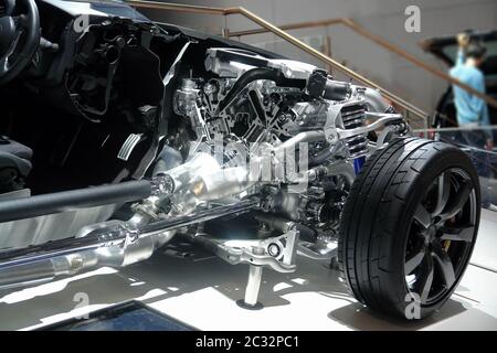 Car sectioned. The internal structure of the car. Engine V6 biturbo, gearbox and suspension. Torque transfer box Stock Photo