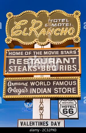 Sign, El Rancho Hotel & Motel National Historic Landmark, Historic Route 66, Gallup, New Mexico, USA Stock Photo