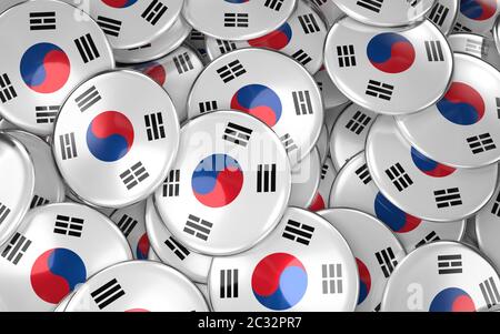 South Korea Badges Background - Pile of South Korean Flag Buttons. 3D Rendering Stock Photo