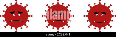 Coronavirus vector set of facial expressions, red colored covid-19 emotions of sadness, anger, joy. Stock Vector