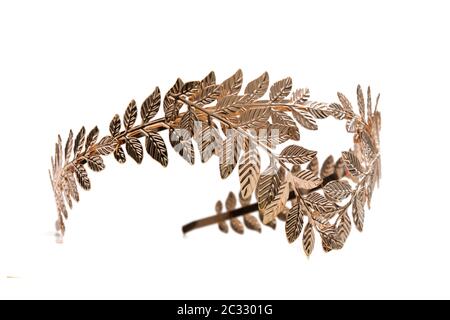 Close up view of a golden leaf tiara headband isolated on a white background. Stock Photo