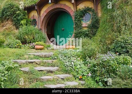 MATAMATA, NEW ZEALAND - APRIL 2, 2016: Movie set for the Lord of The Rings and The Hobbit. Bilbo Baggins house.