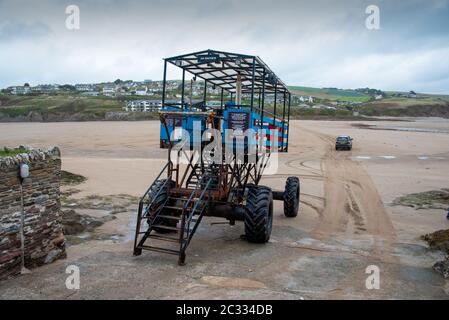 Sea tractor, used as a ferry through the shallow waters at hight tide between Burgh Island and the mainland when the connencting causeway is submerged Stock Photo