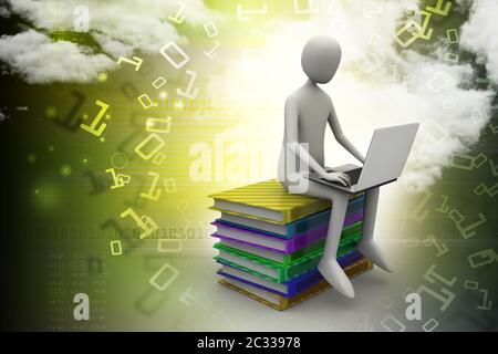 3d man sitting on books and working at his laptop Stock Photo
