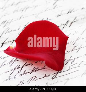 A Red Rose Petal On A Handwritten Letter Stock Photo