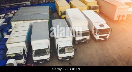 Semi Trucks with Cargo Trailers for Delivery Freight Transportation, Aerial View. Stock Photo