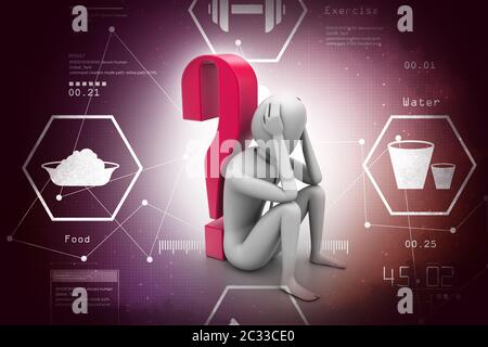 3d man sitting near the question mark Stock Photo