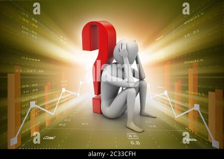 3d man sitting near the question mark Stock Photo