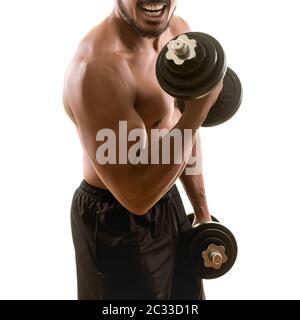 Young muscular strong man exercising biceps curls with dumbbells, isolated on white background. Martial arts, fitness, workout c Stock Photo