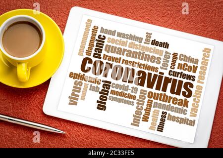 coronavirus, covid-19 virus outbreak word cloud on a digital tablet, health, medical and social concept Stock Photo