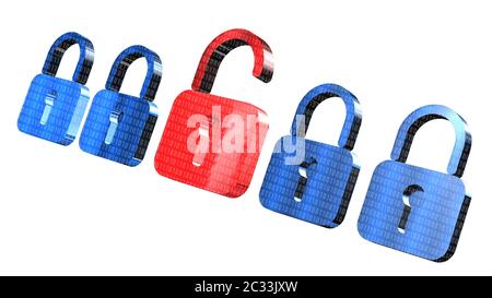 Security concept - several blue closed padlocks and one open red in the middle arranged in a line Stock Photo