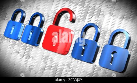 Security concept - several blue closed padlocks and one open red in the middle arranged in a line Stock Photo