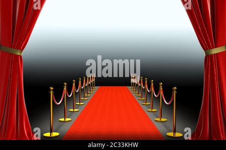 red curtains and carpet with barriers and satin cord. dark background. 3d image render. concept of exclusivity. Stock Photo