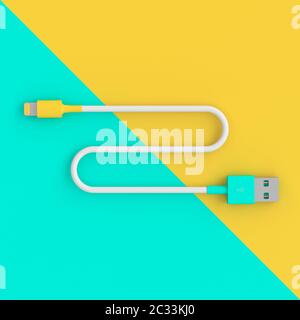 usb cable on two-color background in flatlay style. 3d render image, connection concept. Stock Photo