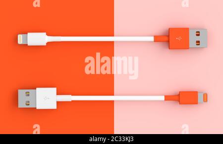 usb cable on two-color background in flatlay style. 3d render image, connection concept. Stock Photo
