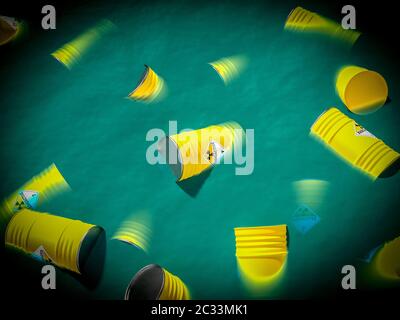 containers filled with radioactive waste float in the sea. concept of environmental disaster. 3d render image Stock Photo