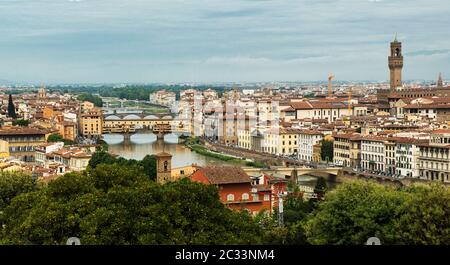 Panoramic View of the Florence with the Cathedral of Santa Maria del Fiore, the Basilica of Santa Croce, and the Arno River, Florence, Tuscany, Italy Stock Photo