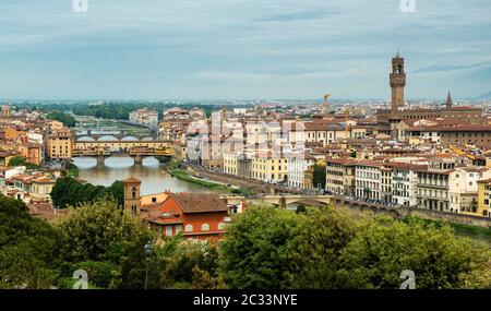 Panoramic View of the Florence with the Cathedral of Santa Maria del Fiore, the Basilica of Santa Croce, and the Arno River, Florence, Tuscany, Italy