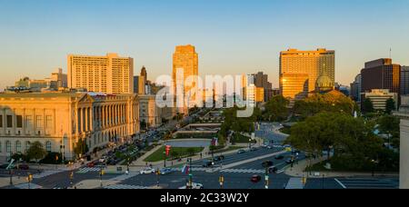The last light of the evening hits the buildings downtown in Philadelphia Pennsylvania Stock Photo