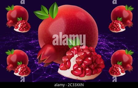 realistic pomegranate fruit on abstract background Stock Vector