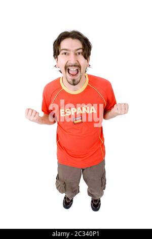 happy spanish man supporter, isolated on white Stock Photo