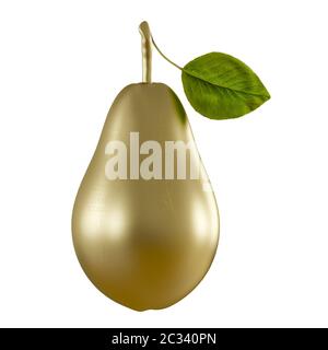 Golden pear with a shiny green leaf on a white background Stock Photo