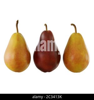 Three pears on a white background a red pear in the middle Stock Photo