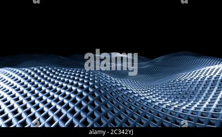 3d image render of geometric abstract grid waves on a black background. Stock Photo