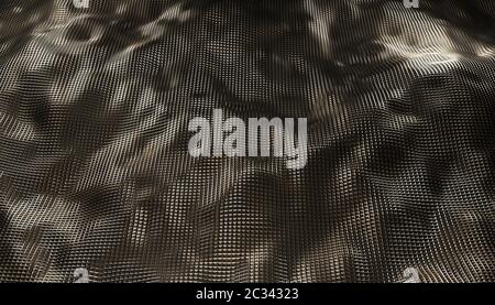 3d image render of geometric abstract gold metallic grid waves on a black background. Stock Photo
