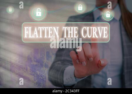 Writing note showing Flatten The Curve. Business concept for raising an awareness on slowing the rate of the infectious disease Graphics padlock for w Stock Photo