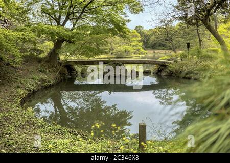 japanese stone bridge on the pond of Rikugien Park in Bunkyo district, north of Tokyo. Stock Photo