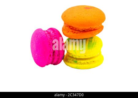 Sweet and colourful french macaroons or macaron  isolated on white background.Saved with clipping path. Stock Photo