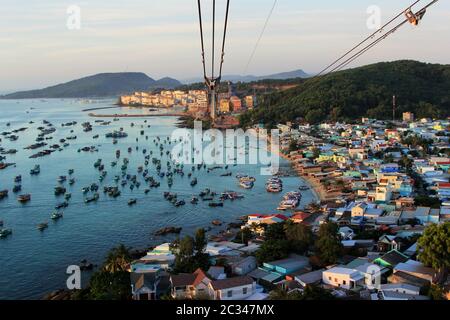 Aerial view of a group of boats at sea in Vietnam Stock Photo