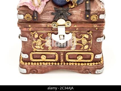 Front side of an old treasure chest on white background Stock Photo