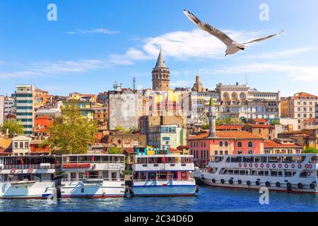 Ships near the Karakoy pier in Istanbul, Turkey. Stock Photo