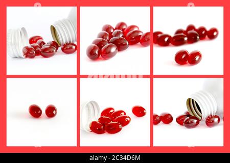 collage of a krill oil capsules on white,