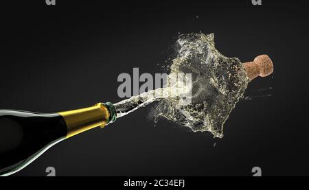 detail of a cork of a bottle of champagne, splashes of wine and bubbles. 3d render. celebration concept, new year. Stock Photo