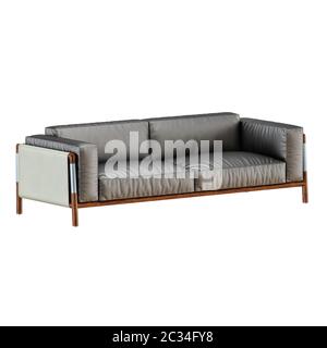 Leather soft black sofa with folds on a white background 3d Stock Photo