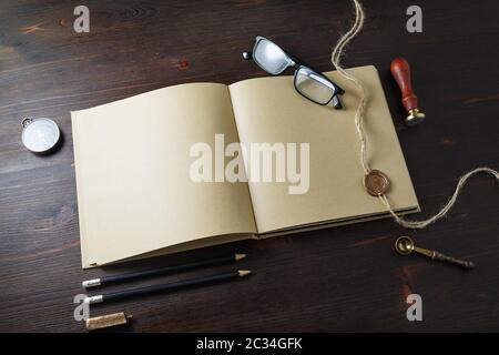 Photo of vintage stationery set on white paper background. Blank ID  template. Mock up for branding identity Stock Photo - Alamy