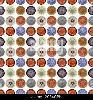 Seamless background from a set of decorative ceramic dishes hand-painted with acrylic paints with a floral pattern Stock Photo