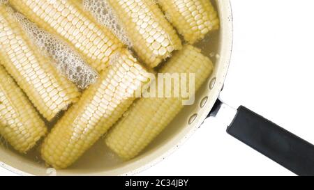 Corn in boiling water in pan close up on white background, view from above, copy space Stock Photo