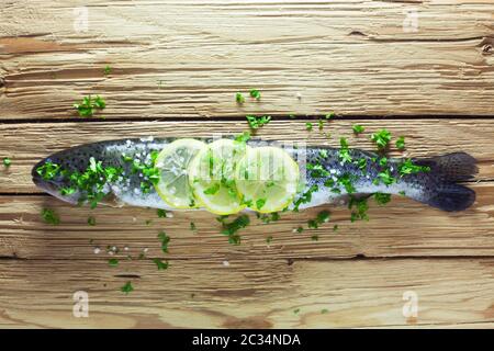 Whole Raw Trout With Lemons And Parsley Stock Photo