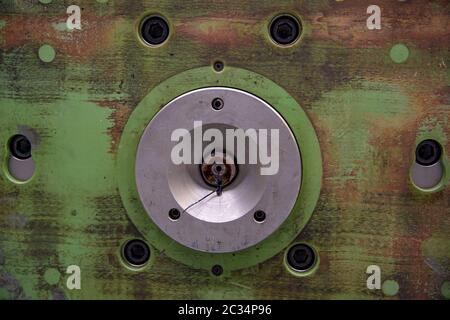 part of metal mold with pressed bearing for rotary axis. Stock Photo