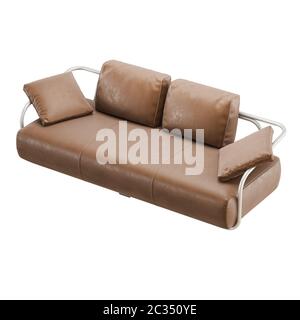 Brown leather sofa with pillows on a white background 3d Stock Photo