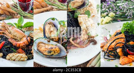 Black spaghetti collage of various plates of  black pasta Sea food Stock Photo